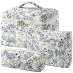 HBselect Quilted Makeup Bag, 3PCS Cotton Large Travel Makeup Bag, Cute Floral Coquette Make up Bag Cosmetic Bag Toiletry Bag for Women Girls