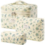 HBselect Quilted Makeup Bag, 3PCS Cotton Large Travel Makeup Bag, Cute Floral Coquette Make up Bag Cosmetic Bag Toiletry Bag for Women Girls