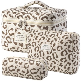 HBselect Quilted Makeup Bag, 3PCS Cotton Large Travel Makeup Bag, Cute Floral Coquette Make up Bag Cosmetic Bag Toiletry Bag for Women Girls