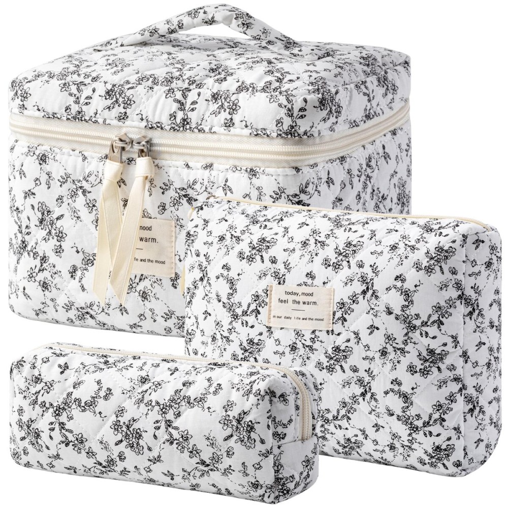 HBselect Quilted Makeup Bag, 3PCS Cotton Large Travel Makeup Bag, Cute Floral Coquette Make up Bag Cosmetic Bag Toiletry Bag for Women Girls