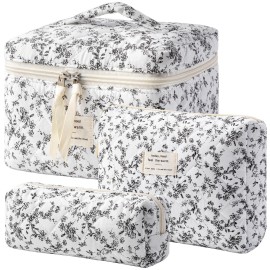 HBselect Quilted Makeup Bag, 3PCS Cotton Large Travel Makeup Bag, Cute Floral Coquette Make up Bag Cosmetic Bag Toiletry Bag for Women Girls
