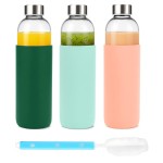Sursip 32 oz (Set of 3) Glass Juice Bottles with Lids & Silicone Sleeve - Reusable, Refillable, Leakproof, BPA Free for Juicing, Refrigerator Storage