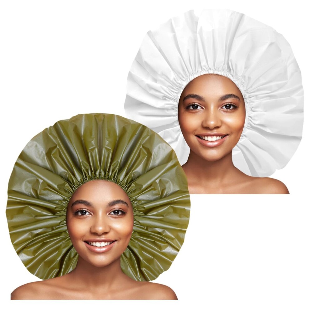 Extra Large Shower Cap 2 PCS Waterproof Shower Caps for Women, Super Jumbo Shower Cap, Reusable Super Large Bath Caps Hair Cap for Long Thick Curly Hair, Locs, Twist Braids - Green + White