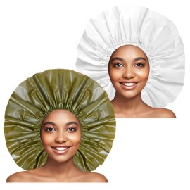 Extra Large Shower Cap 2 PCS Waterproof Shower Caps for Women, Super Jumbo Shower Cap, Reusable Super Large Bath Caps Hair Cap for Long Thick Curly Hair, Locs, Twist Braids - Green + White