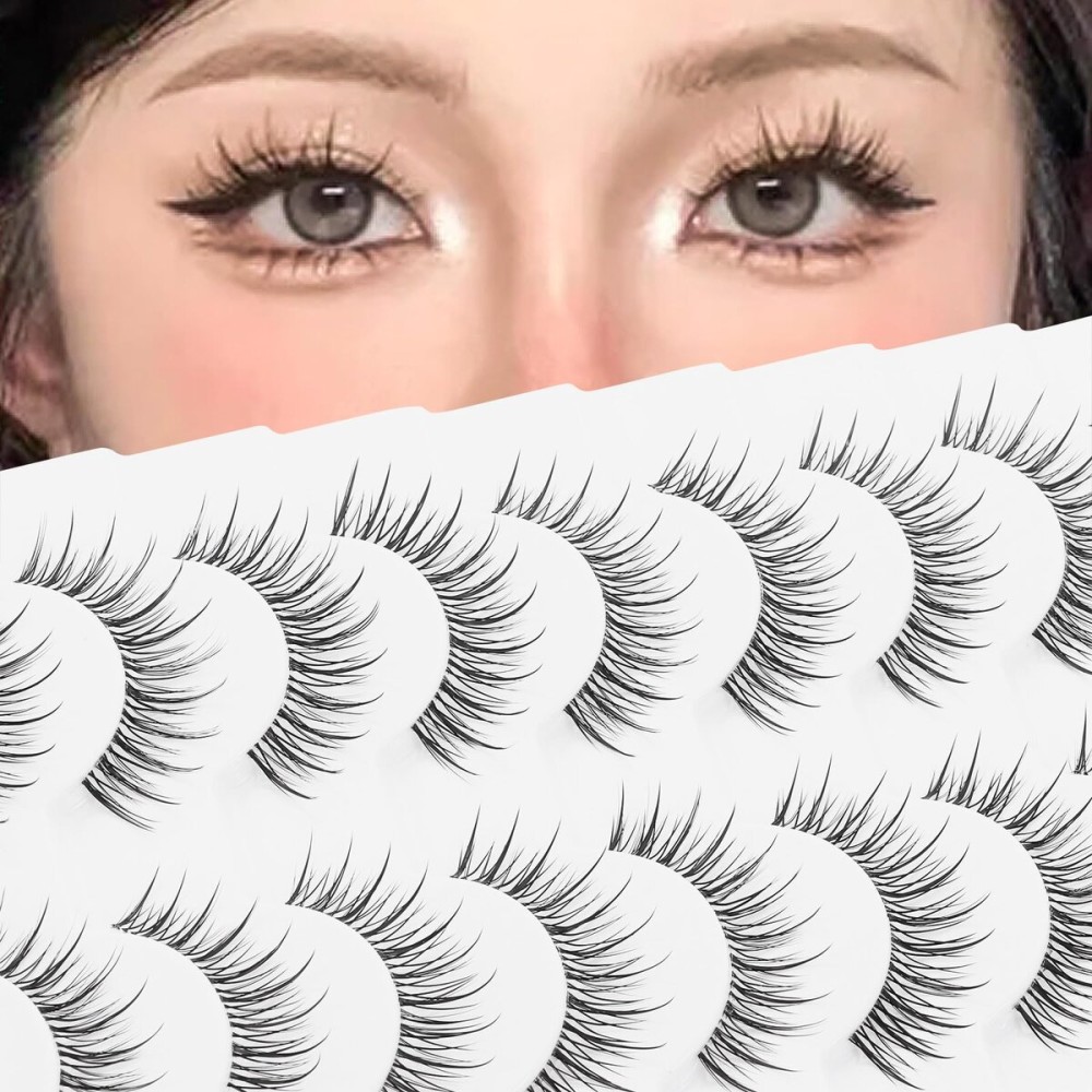 outopen 10 Pairs Manga Lashes Natural Look Clear Band Lashes Japanese Anime Eyelashes Asian Style False Eyelashes Wispy Thin Band False Lashes Korean Makeup Fake Eyelashes Fairy Lash Clusters