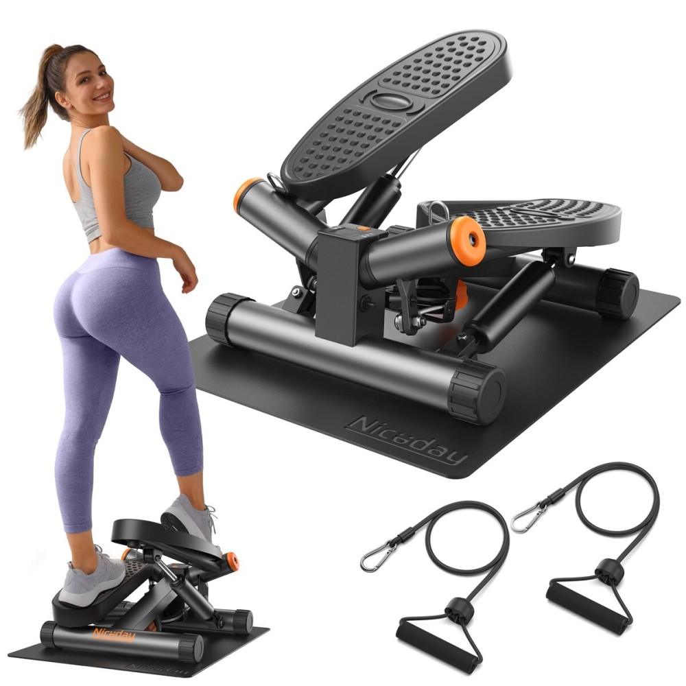 Niceday Twist Stepper for Exercise at Home, Mini Stair Stepper with Resistance Bands at Home Workout Equipment with 300LBS Loading Capacity, Hydraulic Fitness Stepper with LCD Monitor Gray with Mat