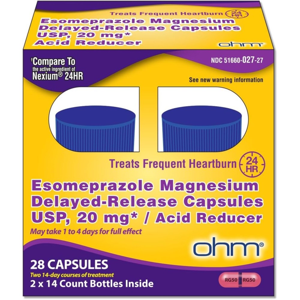 Ohm Esomeprazole Magnesium Delayed Release Capsules 20mg - Frequent Heartburn & Acid Reflux Relief, 24 Hour Chest & Stomach Acid Reducer (4 Weeks of Supply, 28, Count)