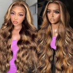 32 Inch 13x6 Lace Front Wigs Human Hair 200 Density P4/27 Highlight Ombre Body Wave HD Lace Front Wigs Human Hair Pre Plucked