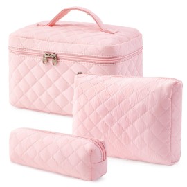 HBselect Quilted Makeup Bag, 3PCS Cotton Large Travel Makeup Bag, Cute Floral Coquette Make up Bag Cosmetic Bag Toiletry Bag for Women Girls