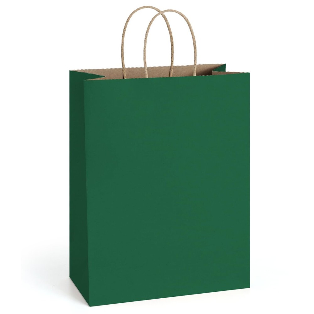 BagDream Forest Green Paper Bags with Handles 10x5x13 Inch 25Pcs Large Kraft Paper Gift Bags for Christmas, Thanksgiving, Outings, Craft, Retail, Grocery, Shopping, Recyclable