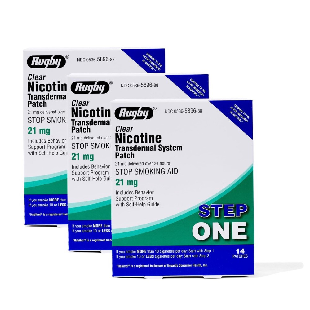 Rugby Clear Nicotine Patches - 21mg Transdermal System Patch - Smoking or Vaping Quitting Aid - Step 1-14 Count (3 Pack)