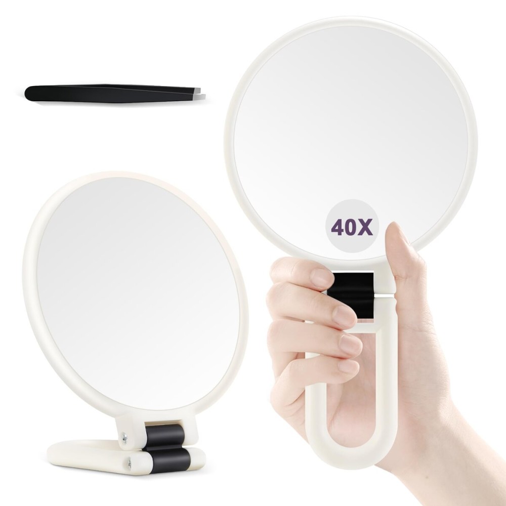 B Beauty Planet 40X Magnifying Mirror, Hand Mirror with Handle, Double Sided Hand Mirror with 40X/1X Magnification, Travel Essential Portable Foldable Makeup Mirror for Precision Makeup White