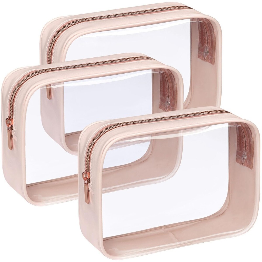 F-color TSA Approved Toiletry Bag 3 Pack Clear Toiletry Bags - Clear Makeup for Women, Quart Size Travel Bag, Carry on Airport Airline Compliant Bag, Nude Pink (for age 12 or above)