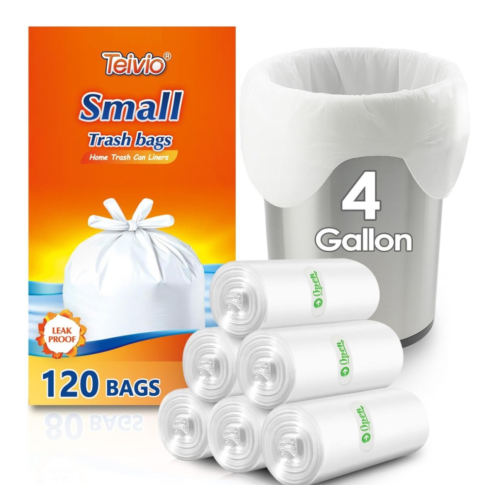 4 Gallon Strong Tie-Top Small Trash Bags 120 Count, fit 15 Liter Mini Waste Basket, 3 Gallon 4 Gallon Unscented Plastic Garbage Bags Can Liners for Home Office Kitchen Bathroom Bedroom, White