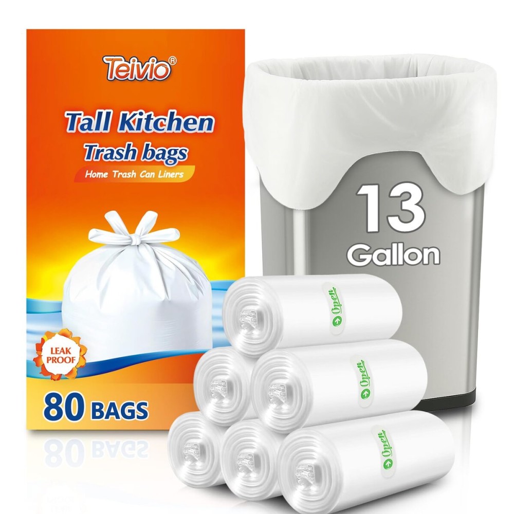 13 Gallon Strong Tie-Top Tall Kitchen Trash Bags 80 Count, fit 50 Liter Large Waste Basket, Unscented Plastic Garbage Bags Can Liners for Home Office Kitchen Bathroom Bedroom, White