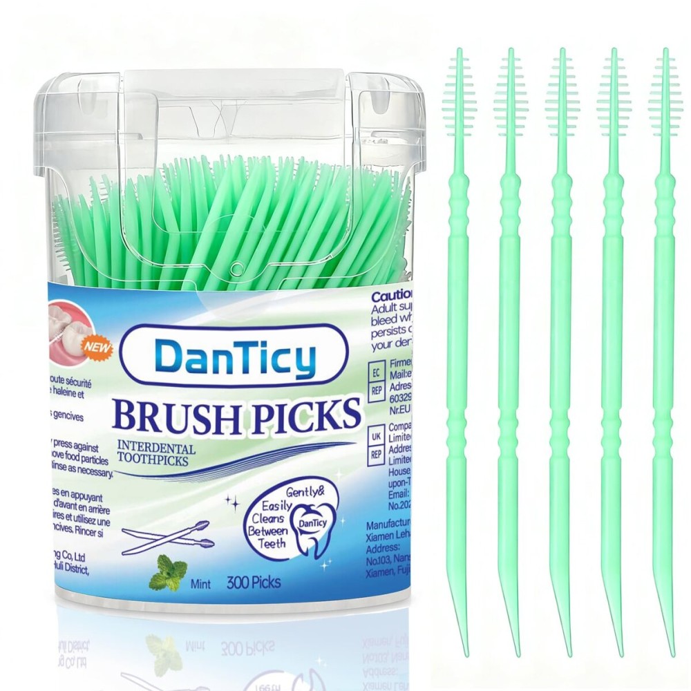 DanTicy Brushpicks Interdental Toothpicks,Soft Bristle Dental Floss Picks Toothpicks,Helps Removes Plaque and Debris Between Your Teeth, Mint, 300PCS (Pack of 1)