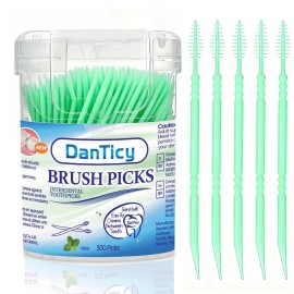 DanTicy Brushpicks Interdental Toothpicks,Soft Bristle Dental Floss Picks Toothpicks,Helps Removes Plaque and Debris Between Your Teeth, Mint, 300PCS (Pack of 1)