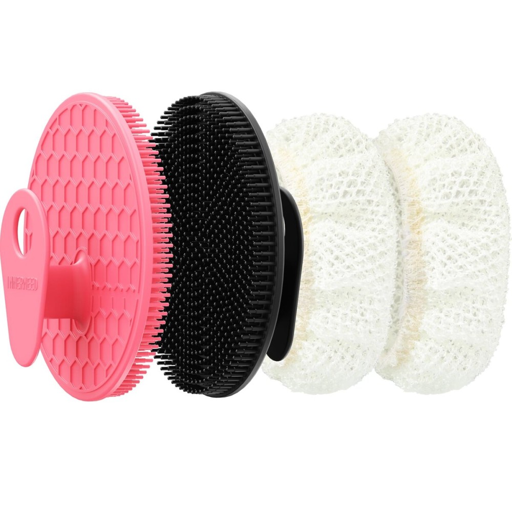 INNERNEED Food-Grade Silicone Body Scrubber Gentle Cleansing Brush with Exfoliating Net Sponge Bath Scrubbing Washcloth Case, More Hygienic and Well Lather (Black+Pink Set)