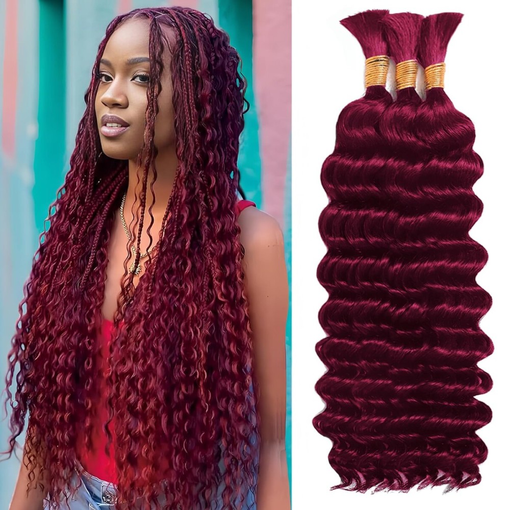 Human Braiding Hair for Boho Braids Human Hair 3 Bundles/Pack 110g 24 Inch Deep Wave Bulk Human Hair for Braiding Curly Knotless 12A Brazilian Virgin Burgundy