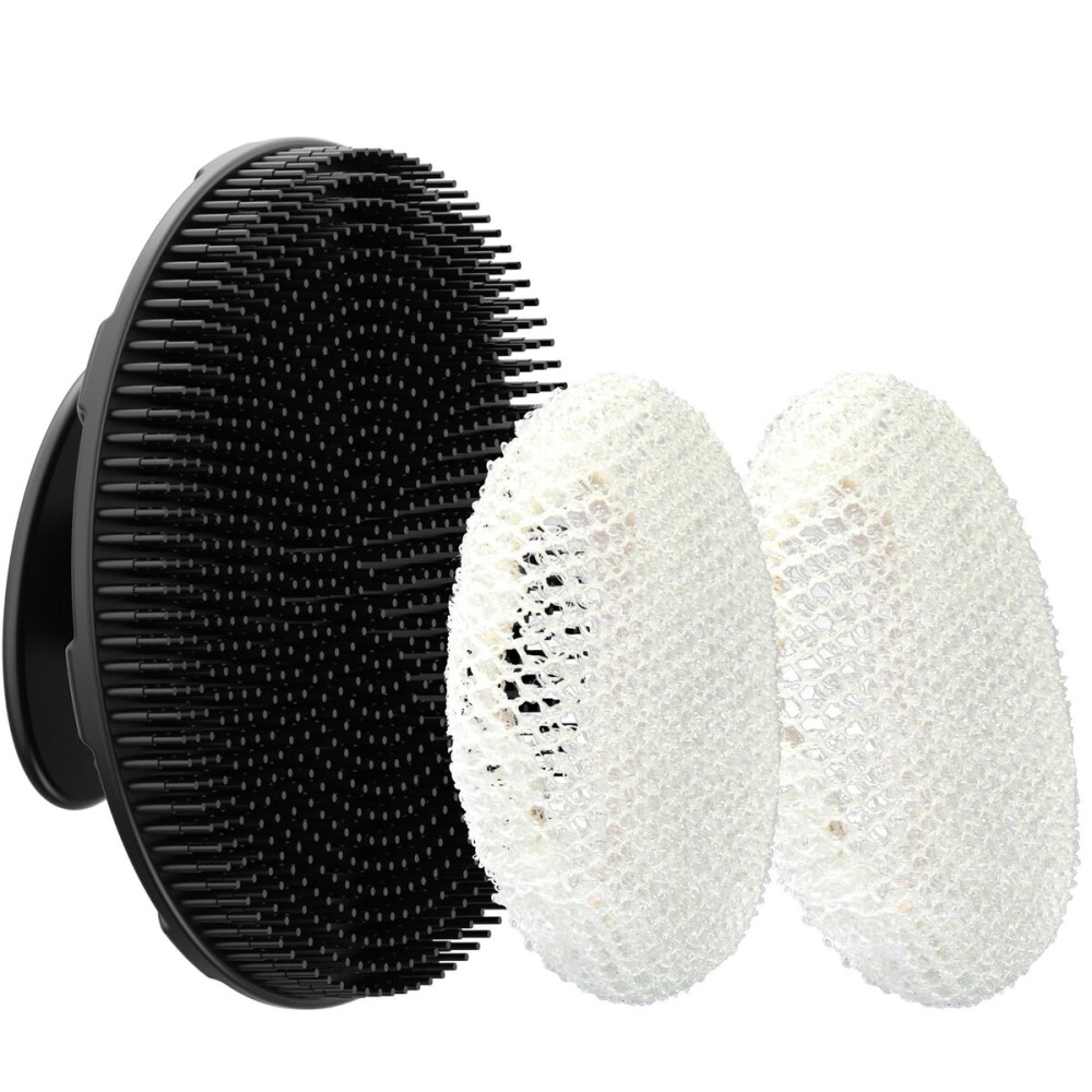 INNERNEED Food-Grade Soft Silicone Body Scrubber Shower Brush Handheld Cleansing Skin Brush, with Exfoliating Net Sponge Case (Black Brush)