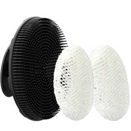 INNERNEED Food-Grade Soft Silicone Body Scrubber Shower Brush Handheld Cleansing Skin Brush, with Exfoliating Net Sponge Case (Black Brush)