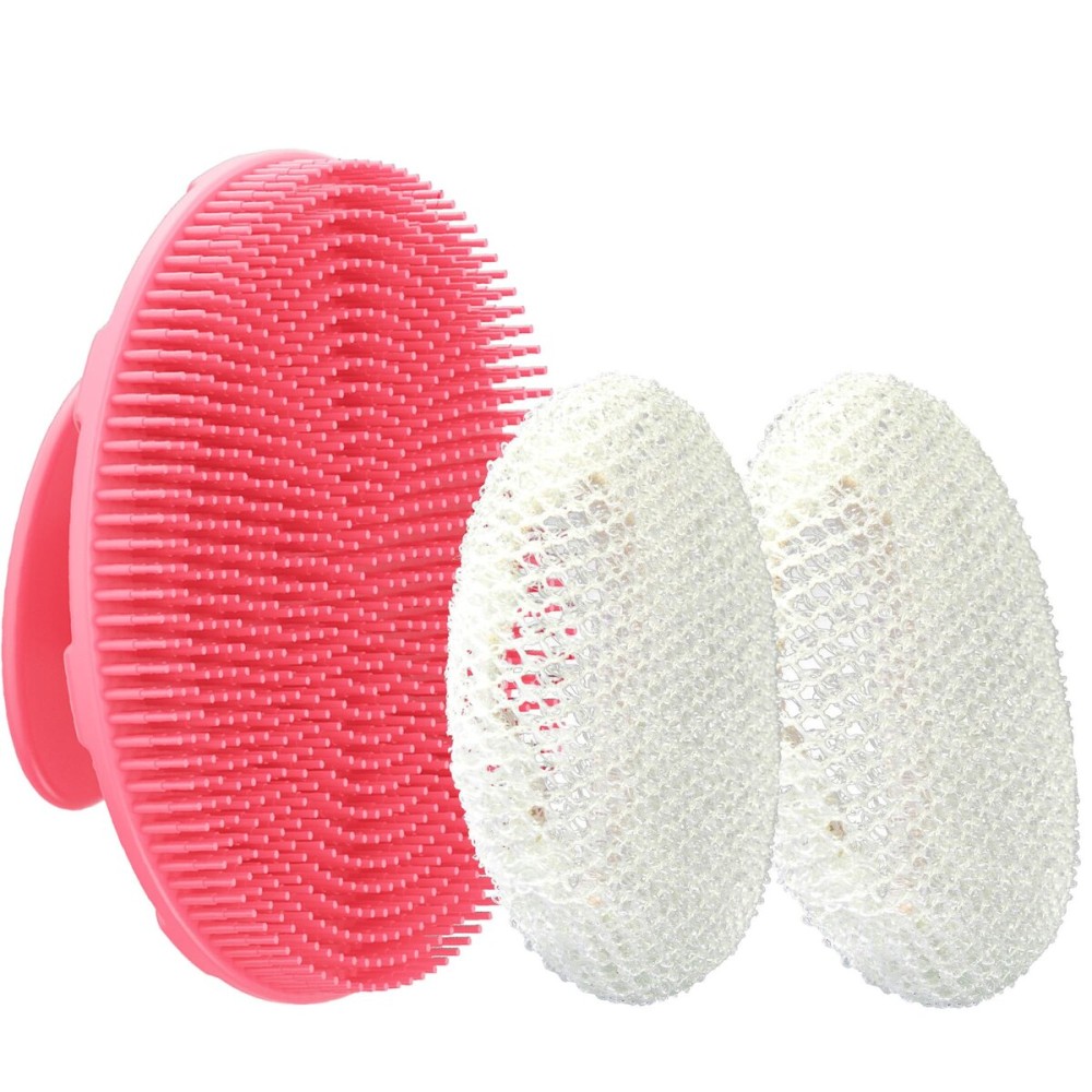 INNERNEED Food-Grade Soft Silicone Body Scrubber Shower Brush Handheld Cleansing Skin Brush, with Exfoliating Net Sponge Case (Pink Brush)