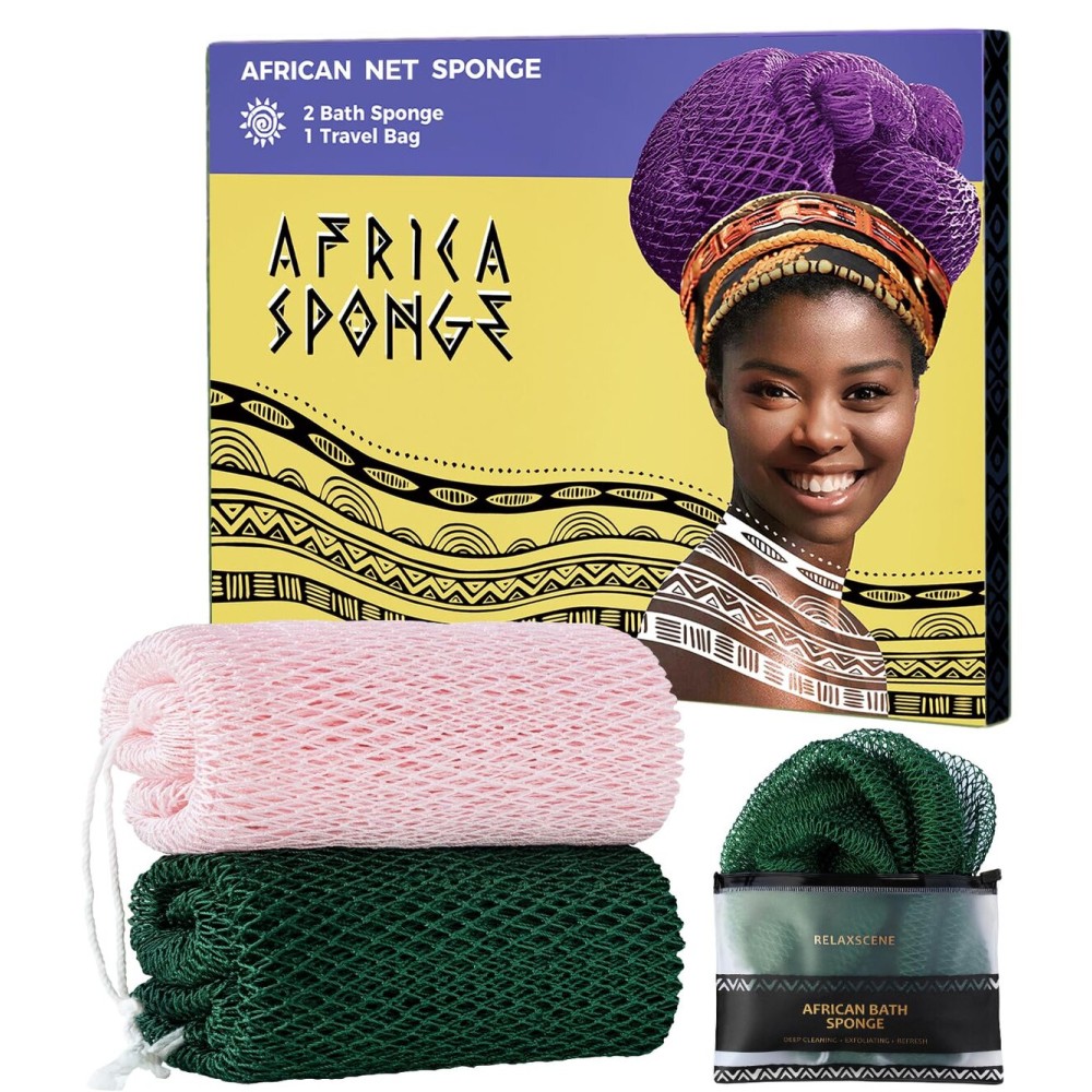 Afro Scrubber African Net Sponge - 2 Pieces Authentic African Wash Cloths - Exfoliating Body Sponges for Showering Forest & BabyPink - Back Scrub Exfoliator Shower Loofah for Body Bath Accessories