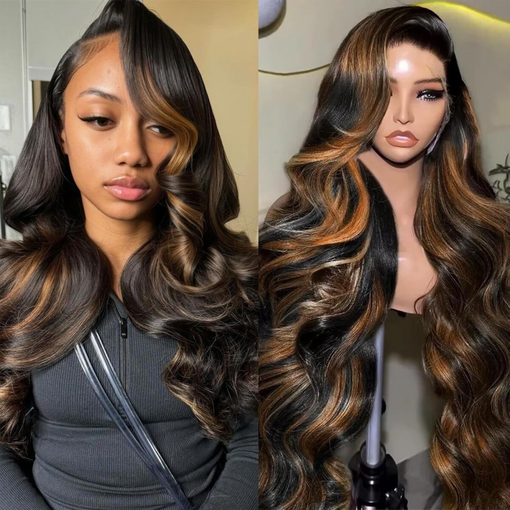CITY GIRL Highlight Wig Human Hair Body Wave Lace Front Wigs Human Hair Pre Plucked 13x4 Ombre Lace Front Wig Human Hair for Women 1B/30 Black Brown Balayage Wigs 200 Density 20 Inch