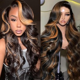 1B/30 Body Wave Highlight Lace Front Wig Human Hair Ombre Lace Front Wig Human Hair 13x4 Transparent Lace Frontal Wigs for Women Colored Black Brown Balayage Wig 200 Density Highlight Wigs 24 Inch