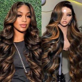 CITY GIRL 26 Inch Highlight Ombre Lace Front Wig Human Hair Body Wave Lace Front Wigs Human Hair Pre Plucked Natutal Hairline 13x4 1B/30 Balayage Wig Human Hair for Women 200 Density
