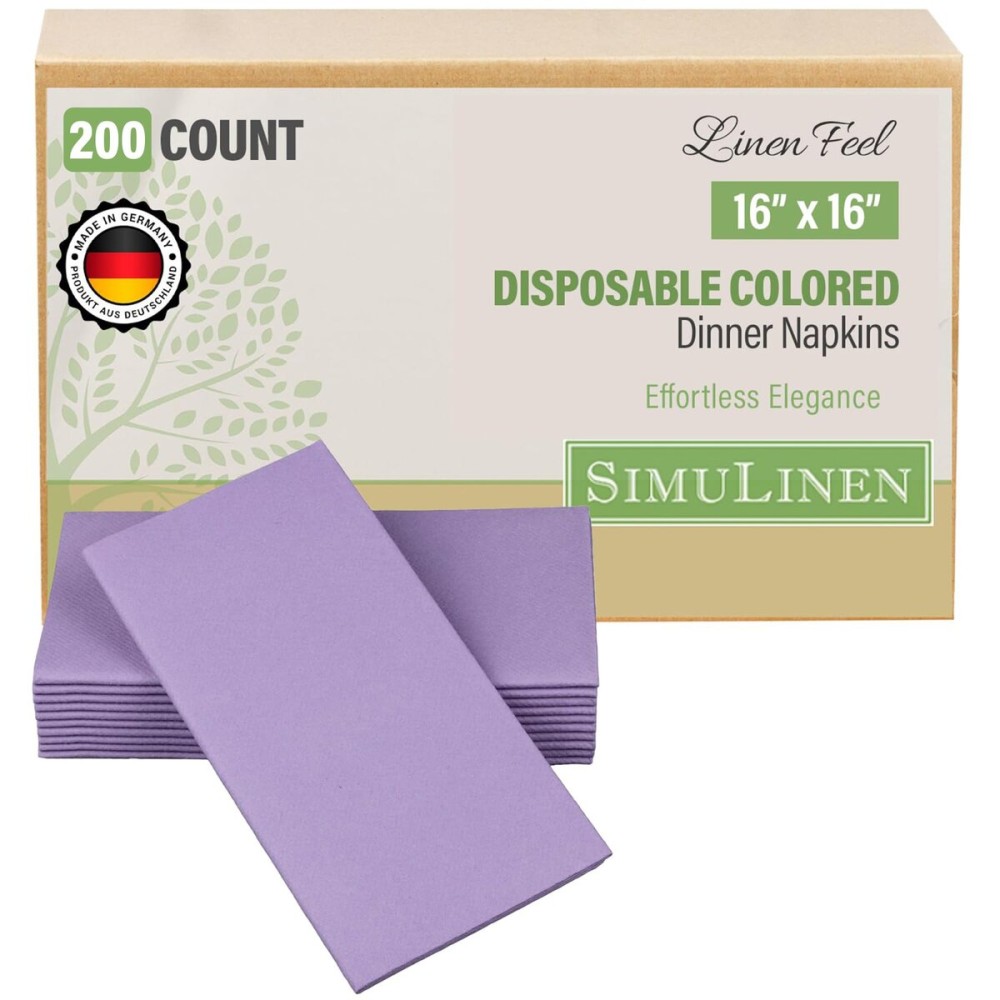 SimuLinen Purple or Lavender Linen Feel Dinner Napkins - Cloth-Like, Kosher Disposable Napkins for Weddings, and Showers, 16x16, Box of 300
