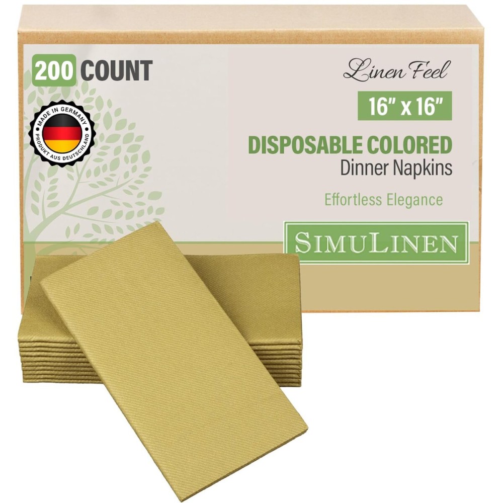 SimuLinen Gold Linen Feel Disposable Dinner Napkins - Cloth-Like Kosher Napkins for Celebrations, Weddings, and Showers, 16x16, Box of 300