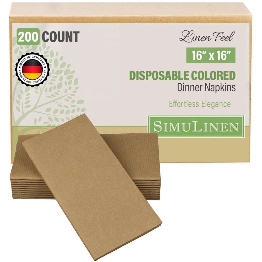 SimuLinen Natural Brown Linen Feel Disposable Dinner Napkins - Cloth-Like, Decorative Fall Wedding Guest Towels, 16x16, Box of 300