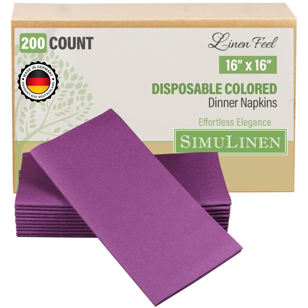 SimuLinen Amethyst Disposable Dinner Napkins - Purple Cloth-Like Linen Feel Paper Napkins for Weddings, Luxury 16x16, Box of 300