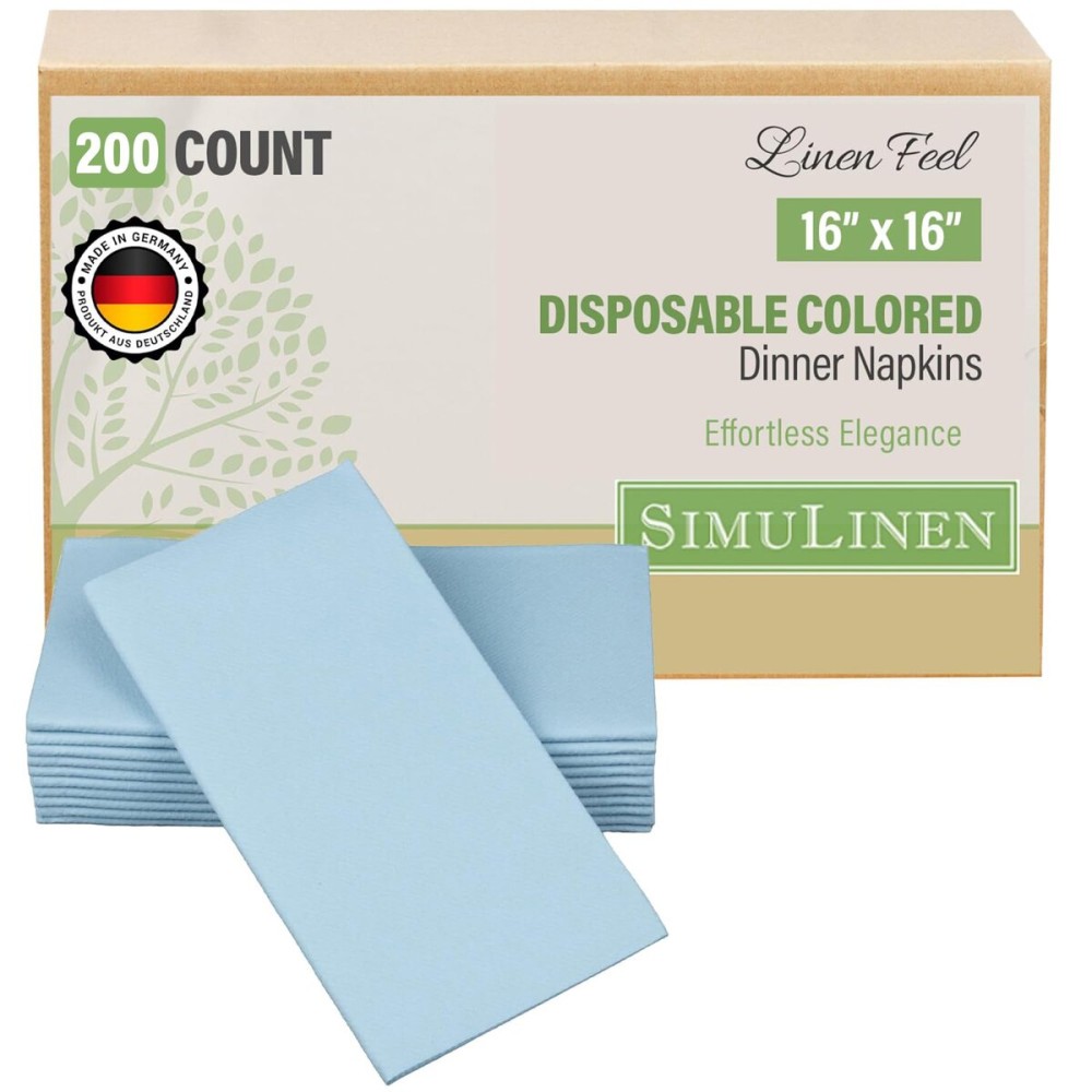 SimuLinen Light Blue Linen Feel Disposable Dinner Napkins - Cloth-Like Kosher Napkins for Celebrations, Weddings, and Showers, 16x16, Box of 300