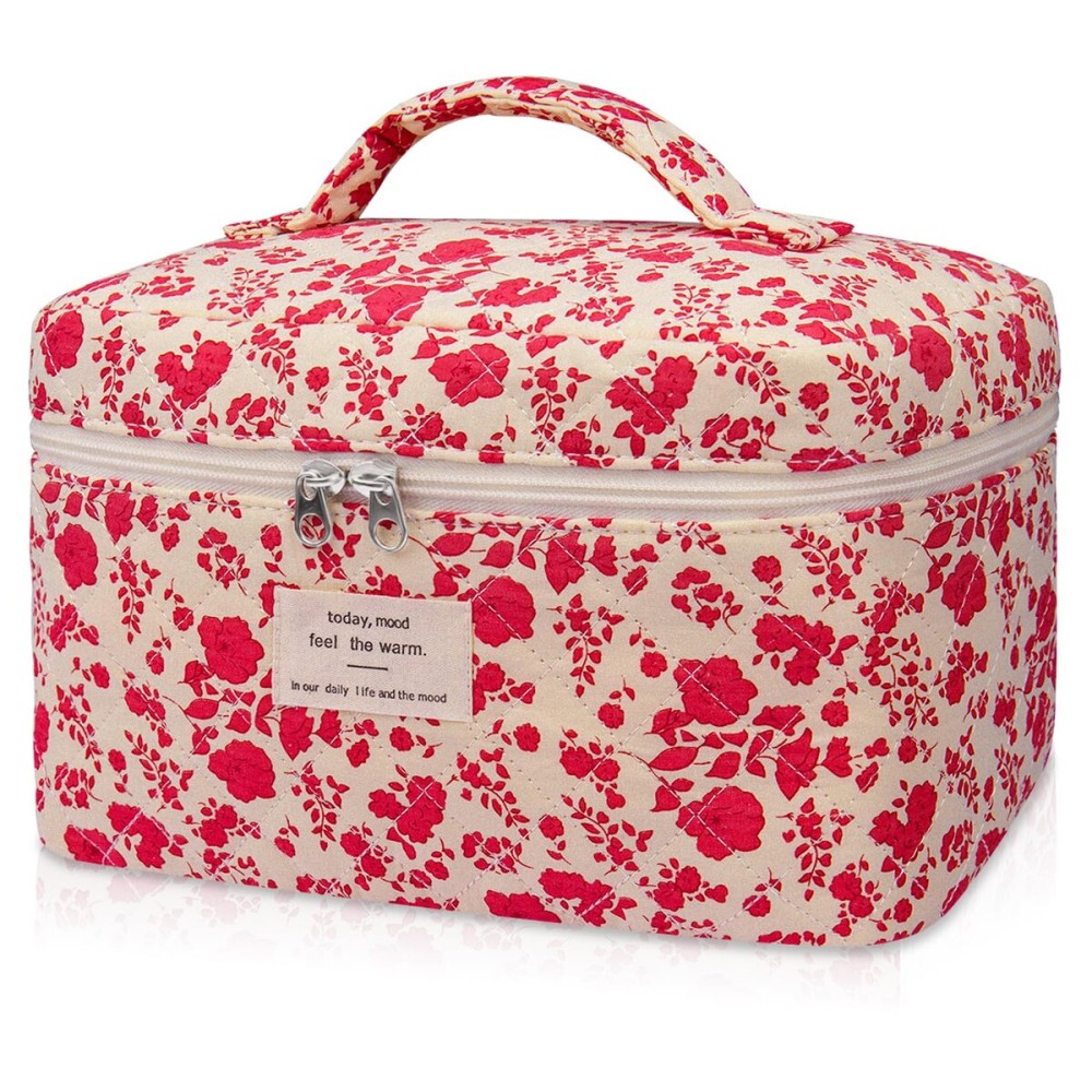 Gosect Large Makeup Bag, Cute Cosmetic Bag for Women Girls, Floral Coquette Aesthetic Toiletry Bag, Travel Make Up Organizer Bag (Pink Rose)