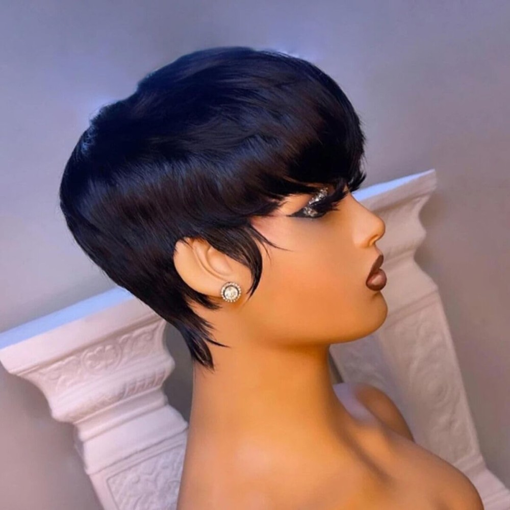PangDongLai Chic Pixie Cut Human Hair Wigs for Black Women Natural Black Color for Everyday Use Short Layered Pixie Cut Wig with Bangs Glueless Full Machine Made Short Wigs for Women