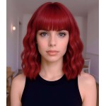 Elfairy Red Wig with Bangs for Women 12inch Short Bright Red Bob Wavy Curly Hair Wigs Heat Resistant Hair Replacement Wigs for Daily Use Cosplay Costume Halloween