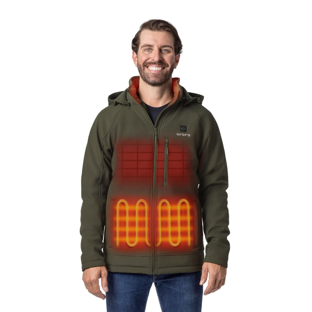 ORORO Men\'s 4 Heat-Zone Heated Jacket with USB-C Rechargeable Battery, Soft Shell Heated Jacket with Detachable Hood (Green, 2XL)