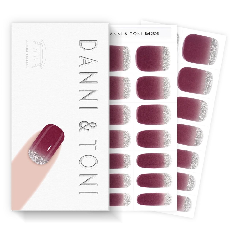 DANNI & TONI Semi Cured Gel Nail Strips Plum Purple Silver Glitter French Gel Nail Wraps Gift for Woman | Plum Frost