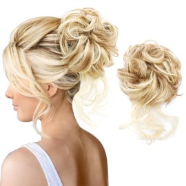 KETHBE Messy Bun Hair Piece Tousled Updo Hair Buns Extension Elastic Hair Band Hair Pieces Curly Hair Bun Scrunchie For Women (Golden Blonde Mix Bleach Blonde)