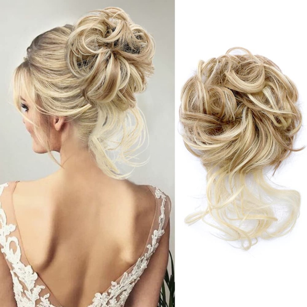 KETHBE Messy Bun Hair Piece Tousled Updo Hair Buns Extension Elastic Hair Band Hair Pieces Curly Hair Bun Scrunchie For Women (Champagne Blonde Mix Bleach Blonde)