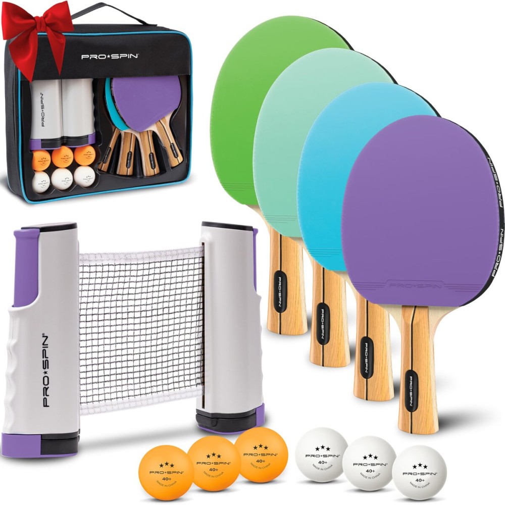 PRO-SPIN Portable Ping Pong Set with Retractable Ping Pong Net for Any Table, All-in-One Table Tennis Set with Ping Pong Paddles, Balls & Case, Table Top Family Game (4-Player Set)