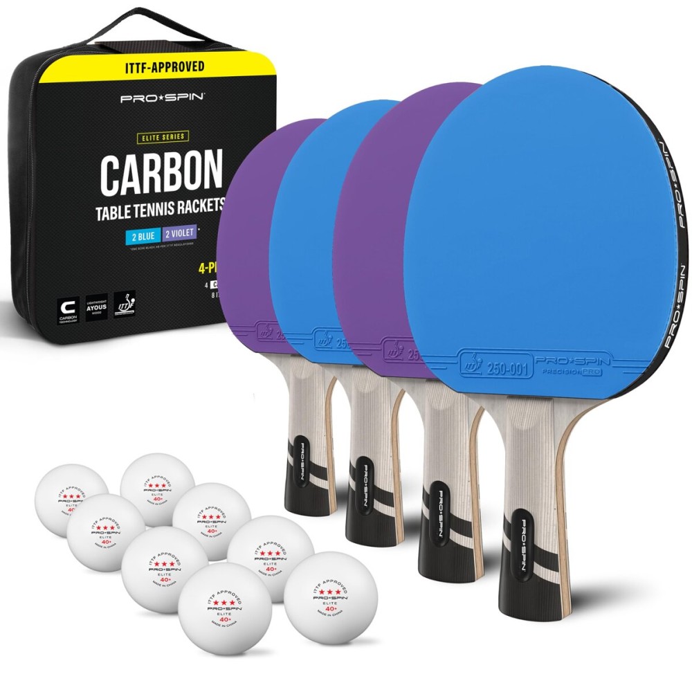 PRO-SPIN Ping Pong Paddles - Professional Level Table Tennis Rackets with Carbon Fiber for Superior Control | 7-Ply Blade, Premium Rubber, 2.0mm Sponge (4-Pack, Blue/Violet)