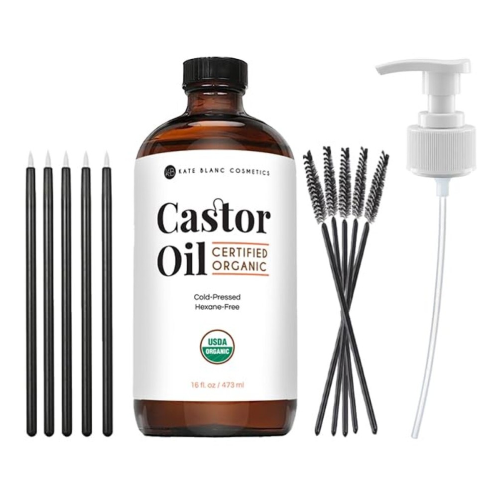 Kate Blanc Cosmetics Castor Oil Organic (16oz), 100% Pure, Cold Pressed, Hexane Free, Glass Bottle. Natural Oil for Hair, Eyelashes, Eyebrows. Skin Moisturizer with Starter Kit