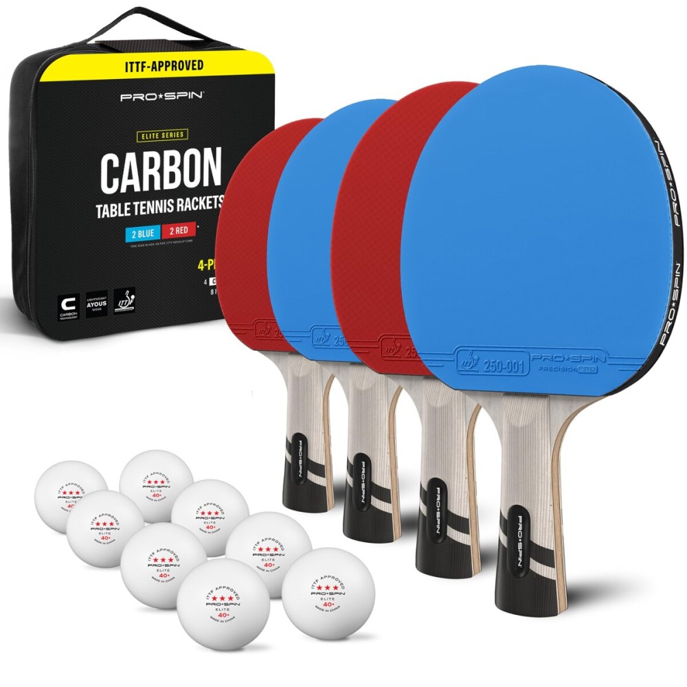 PRO-SPIN Ping Pong Paddles - Professional Level Table Tennis Rackets with Carbon Fiber for Superior Control | 7-Ply Blade, Premium Rubber, 2.0mm Sponge (4-Pack, Blue/Red)