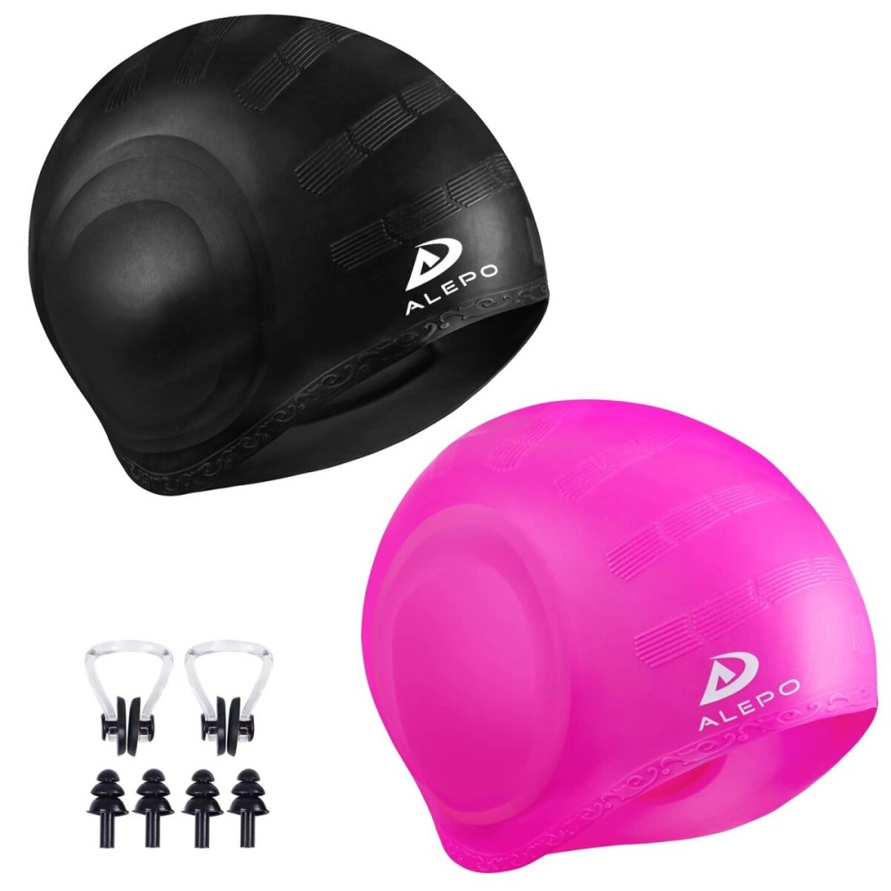 2 Pack Unisex Swim Caps with 3D Ear Protection, Durable Flexible Silicone Swimming Hats for Women Men Kids Adults, Bathing Swimming Caps for Short/Long Hair with Ear Plugs&Nose Clip