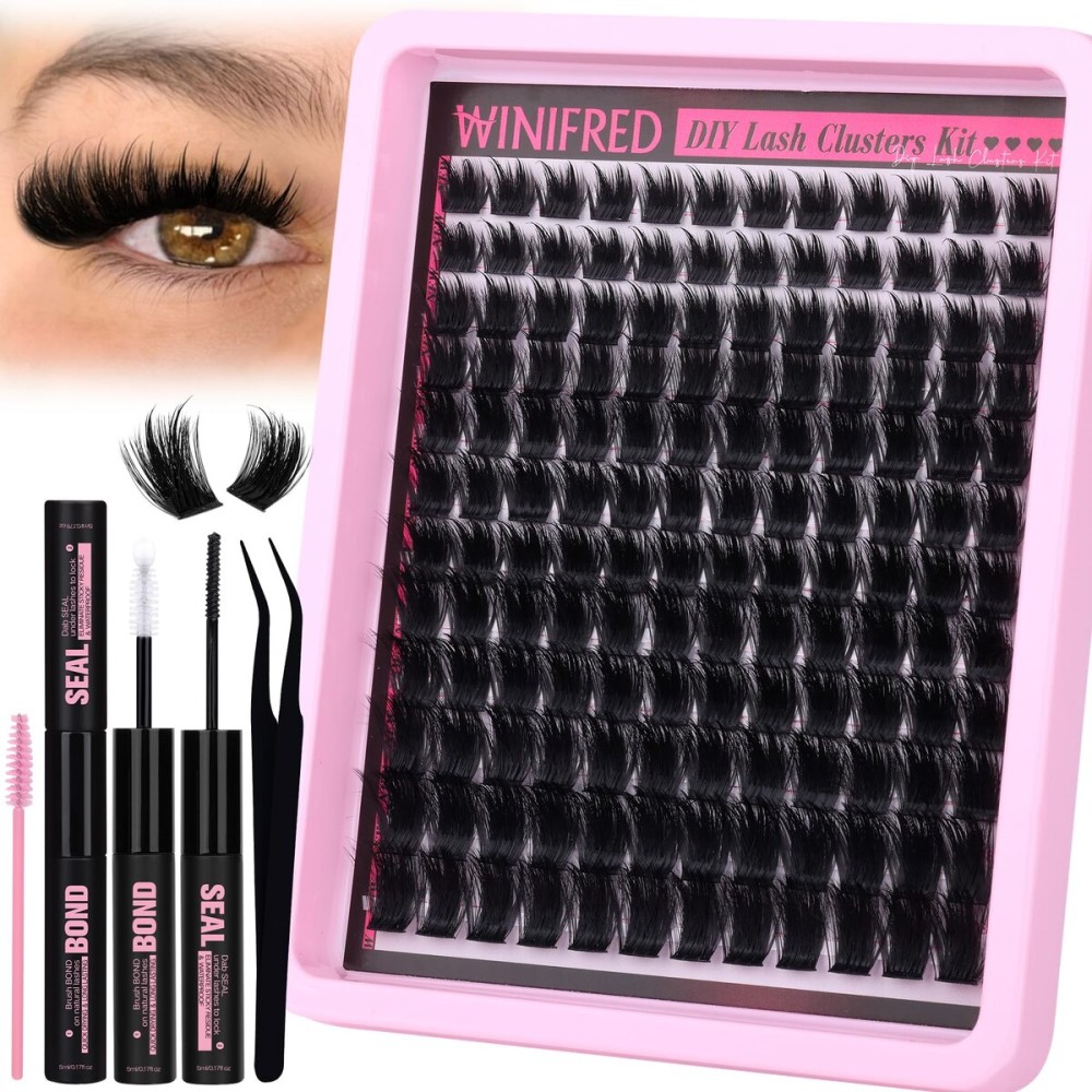 Winifred Lash Clusters Kit Fluffy Lash Extension Kit Fairy Wispy Eyelash Clusters Thick Volume Cluster Eyelash Extensions 10-18mm Lash Clusters with Spikes Lash Kit with Lash Bond and Seal