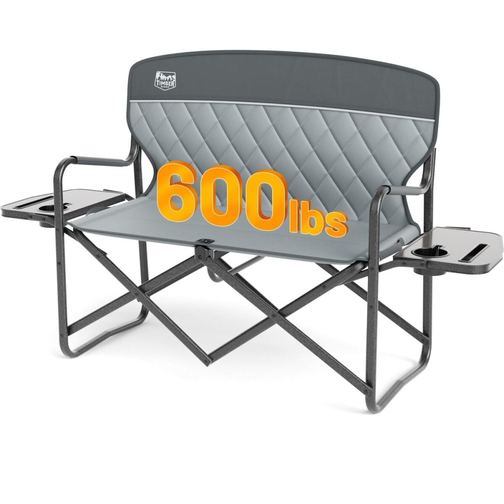 TIMBER RIDGE Double Camping Chair Portable Loveseat, Heavy Duty Folding Camp Couch, 2 person Director Chairs with Cup Holder for Outdoor Lawn Tailgates Picnic Sports Soccer Games Supports 600 lbs Grey