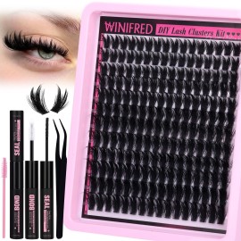 Winifred Wispy Lash Clusters Kit Lash Extension Kit Eyelash Clusters 10-18mm Natural Volume Cluster Eyelash Extensions DIY Individual Lashes Kit Lash Bond and Seal Lash Tweezers Brushes
